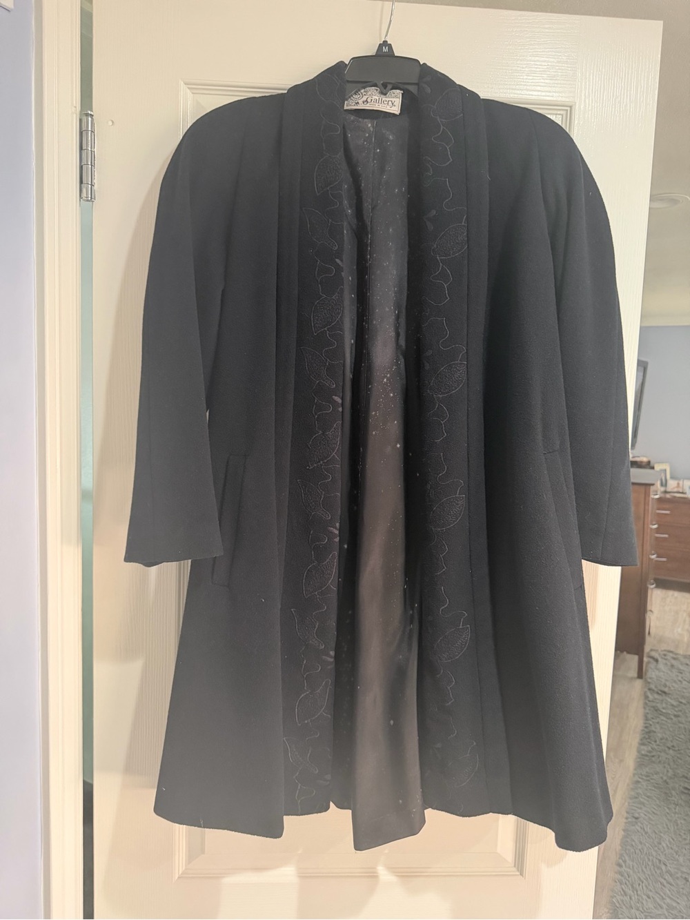 Gallery Black Embroidered Trim Women's Wool Coat